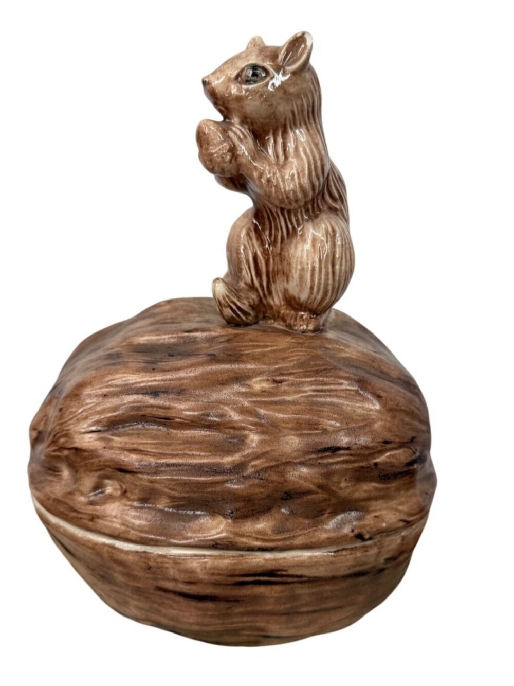 Vintage Ceramic Squirrel on Walnut Lidded Dish - Mid-Century Candy Bowl, Woodlan